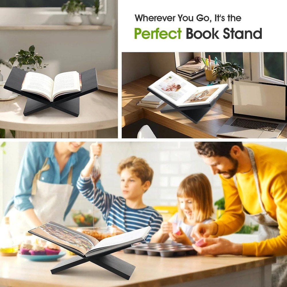 Book Stand for Reading - Solid Wood Holder Open and Closed Black