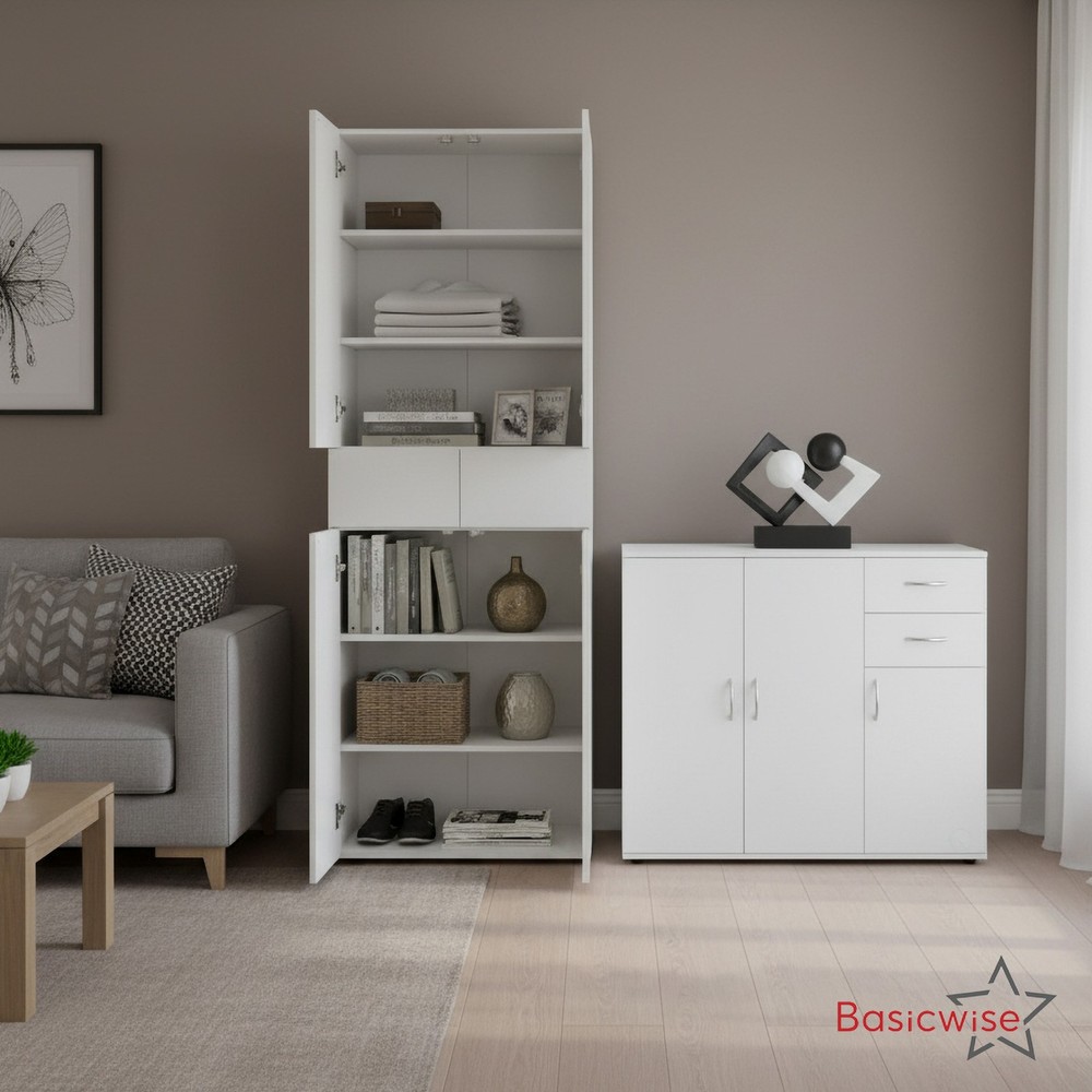 Basicwise Set of Buffet Table with Drawers Plus Cabinet with Compartments, White