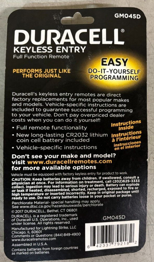 New Duracell Keyless Entry Full Function Remote for GM Vehicles GM045D NEW