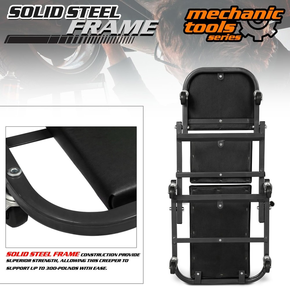 Foldable 2in1 Rolling Car Creeper & Seat, 36" Adjustable, 330LBS Capacity