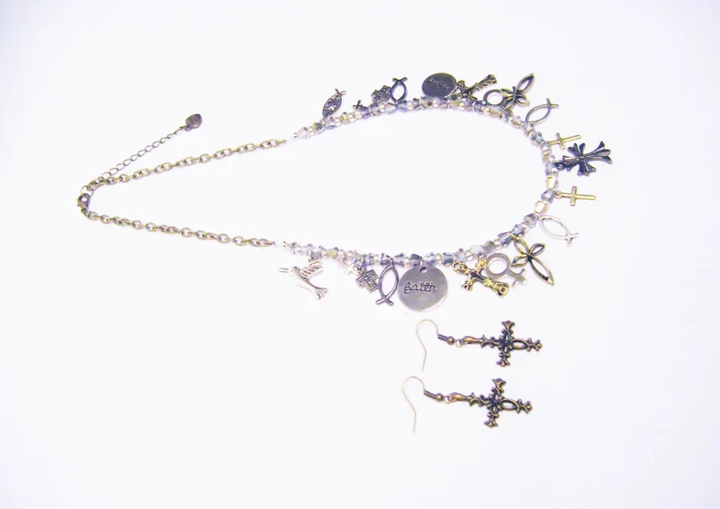 Assorted Crosses/Religious Emblem Necklace/Earrings Set