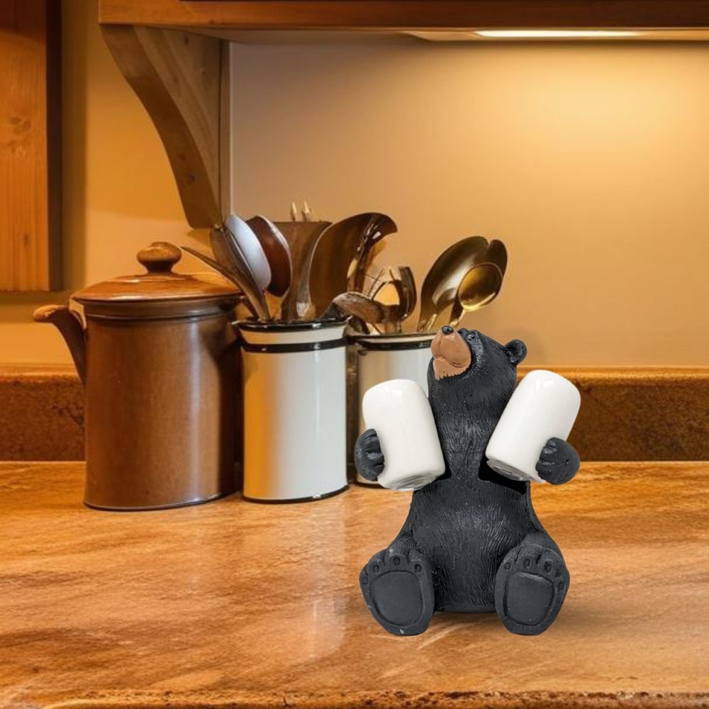 Sitting Bear Salt & Pepper Holder – Rustic Kitchen Decor with Ceramic Shakers