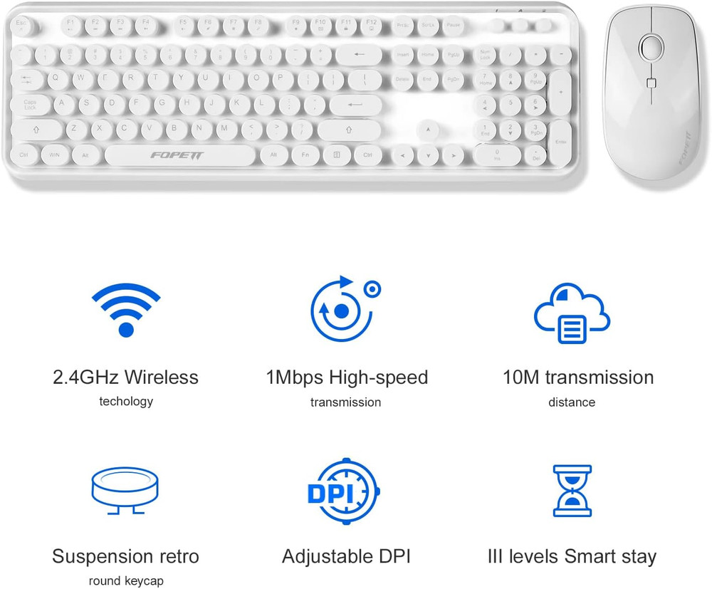 Wireless Keyboard and Mouse Combo, Full-Sized 2.4 GHz Round Keycap, USB (White)