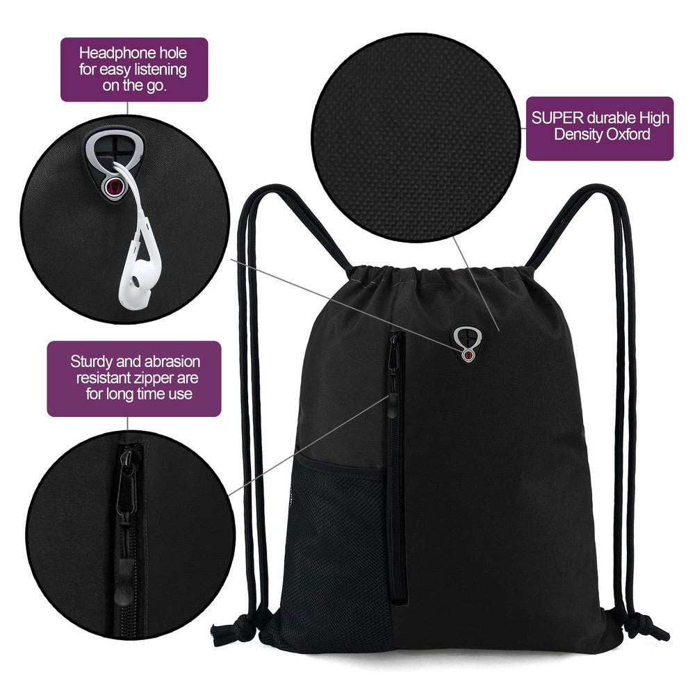 BeeGreen Black Drawstring Backpack Gym Bag For Men Women String Large,