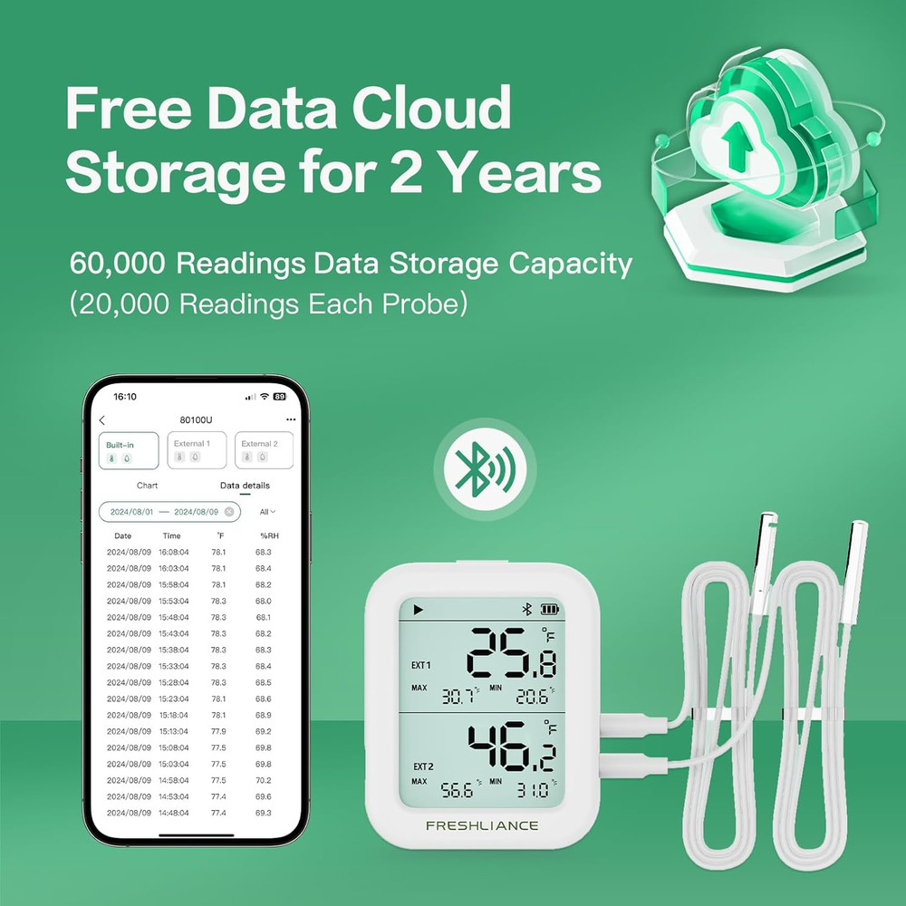 Freshliance Temperature Humidity Data Logger Recorder Bluetooth with 2Pcs Extern
