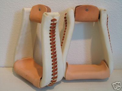 Western saddle stirrups 3" Deep Roper, rawhide/leather MADE IN USA, NEW