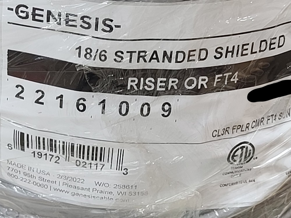Honeywell Genesis 2216 18/6C Shielded Riser Security/Control Cable CMR Gray/50ft