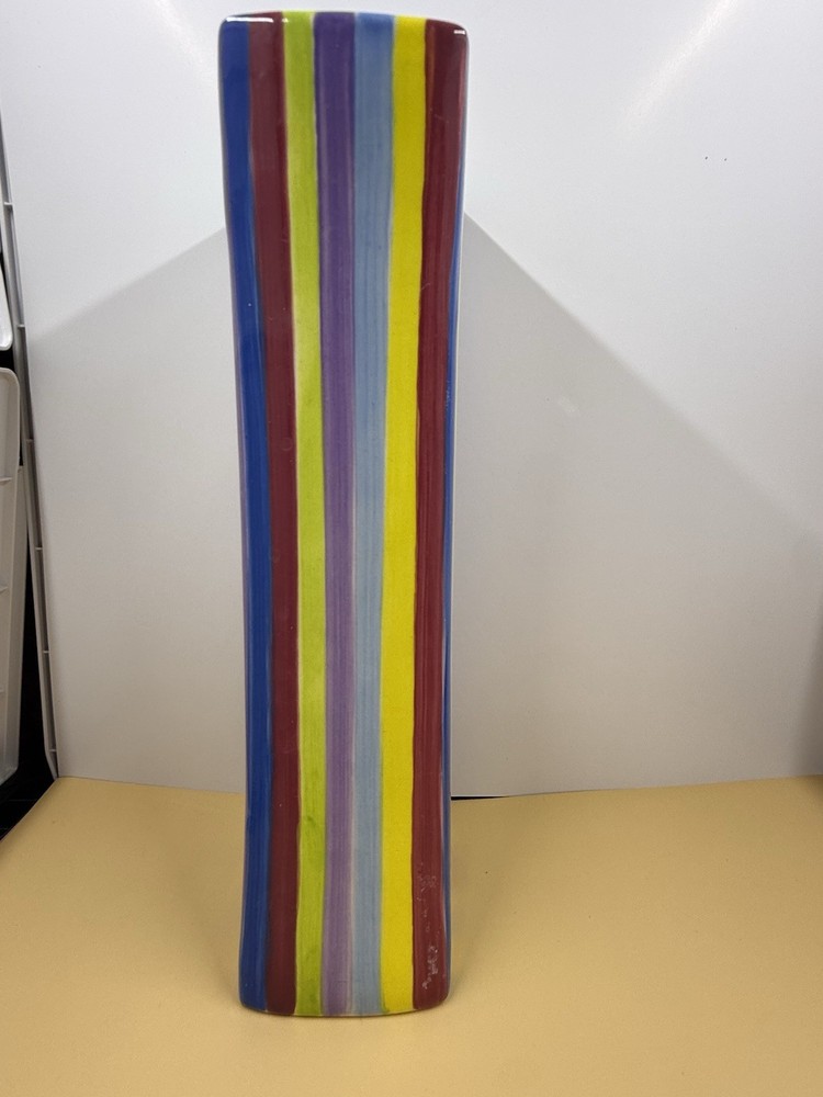 Pacific Rim Handpainted Colorful Striped Ceramic Tall Flared Rectangular Vase