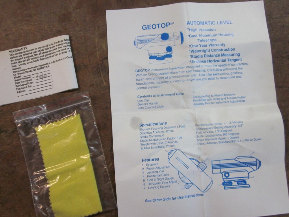 Geotop automatic level transit instrument w. plumb bob in case
