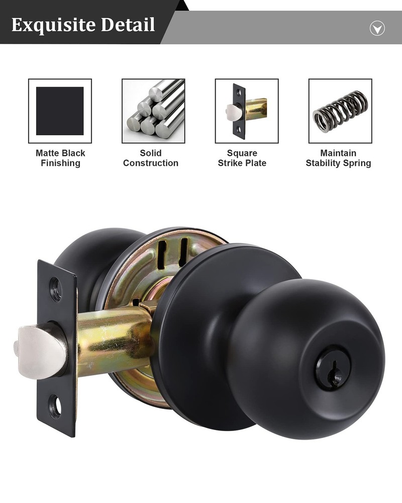 Lanwandeng Matte Black Door Knobs with Lock and Keys, 1 Pack, Entry Keys