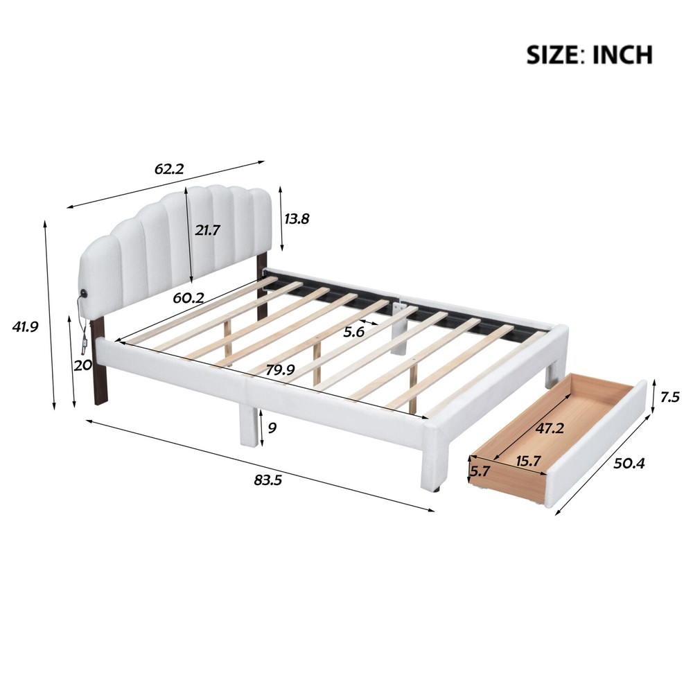 Queen Size Bed Frame Upholstered Platform Bed with Drawers White/Beige/Gray