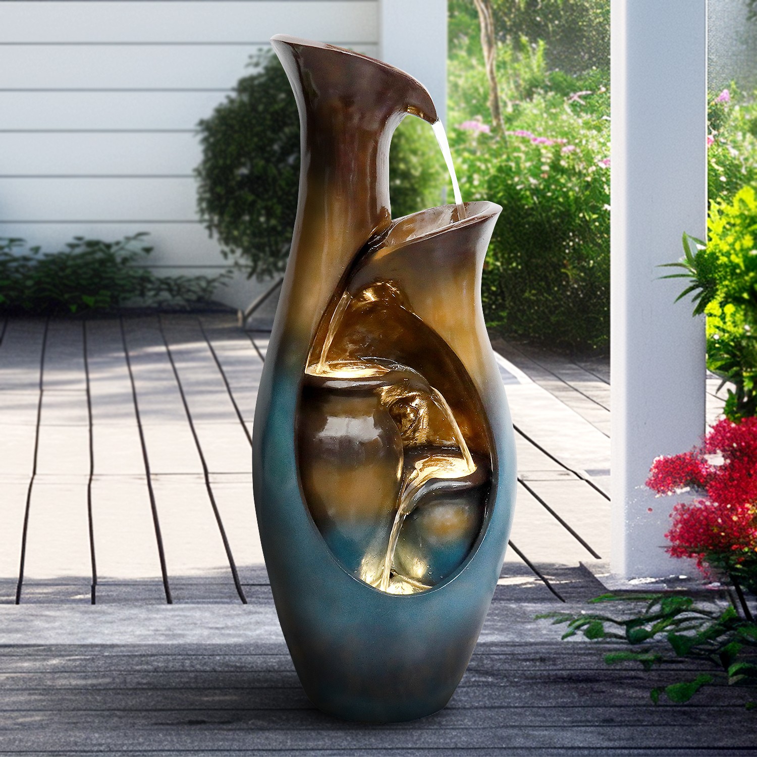 Used Faux Stone Tiered Cascading Water Fountain with LED Lights