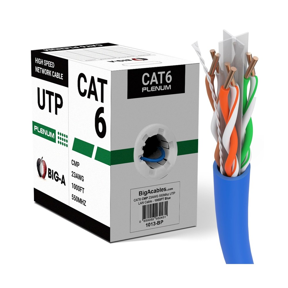 Big-A - Cat6 Plenum Cable 1000ft, Cat 6 Ethernet Cable (CMP) 10 Gigabit Solid...