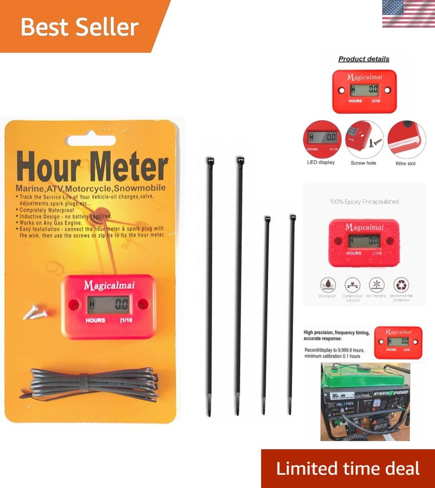 Waterproof Inductive Hour Meter for Gas Engines - Red LCD Display