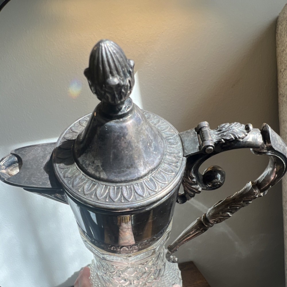Italian Silverplate Cut Glass Lidded Pitcher Victorian Diamond Pattern