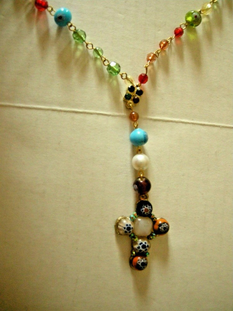 Rosary Necklace, Multicolor Beads, 20", Brand New