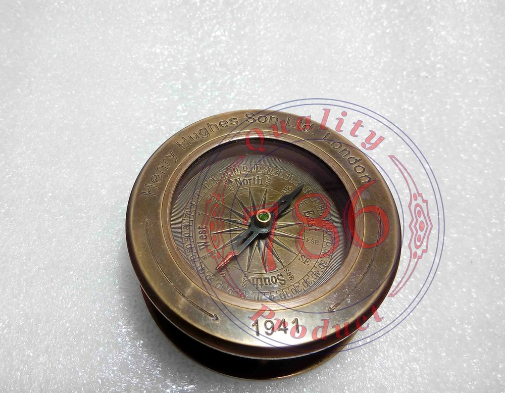 ANTIQUE HEAVY FOLDING MAGNIFYING GLASS MAP COMPASS WITH LEATHER CASE