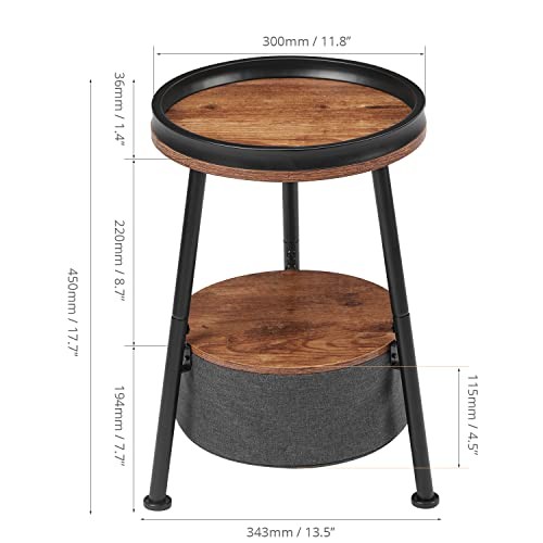 Round End Table, Round Side Table with Storage Rustic Brown