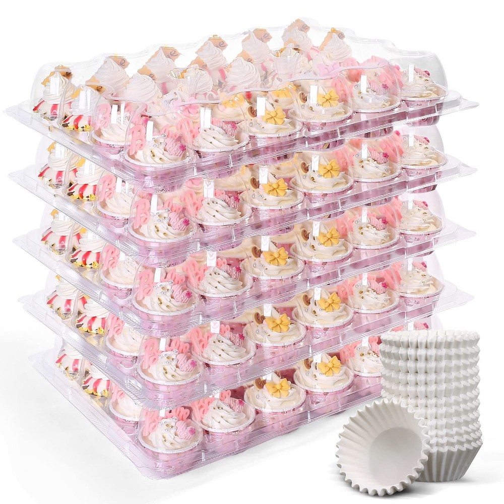 (24 Count x 12 Sets) Mini Cupcake Containers with 288 Liners, Plastic Cupcake...
