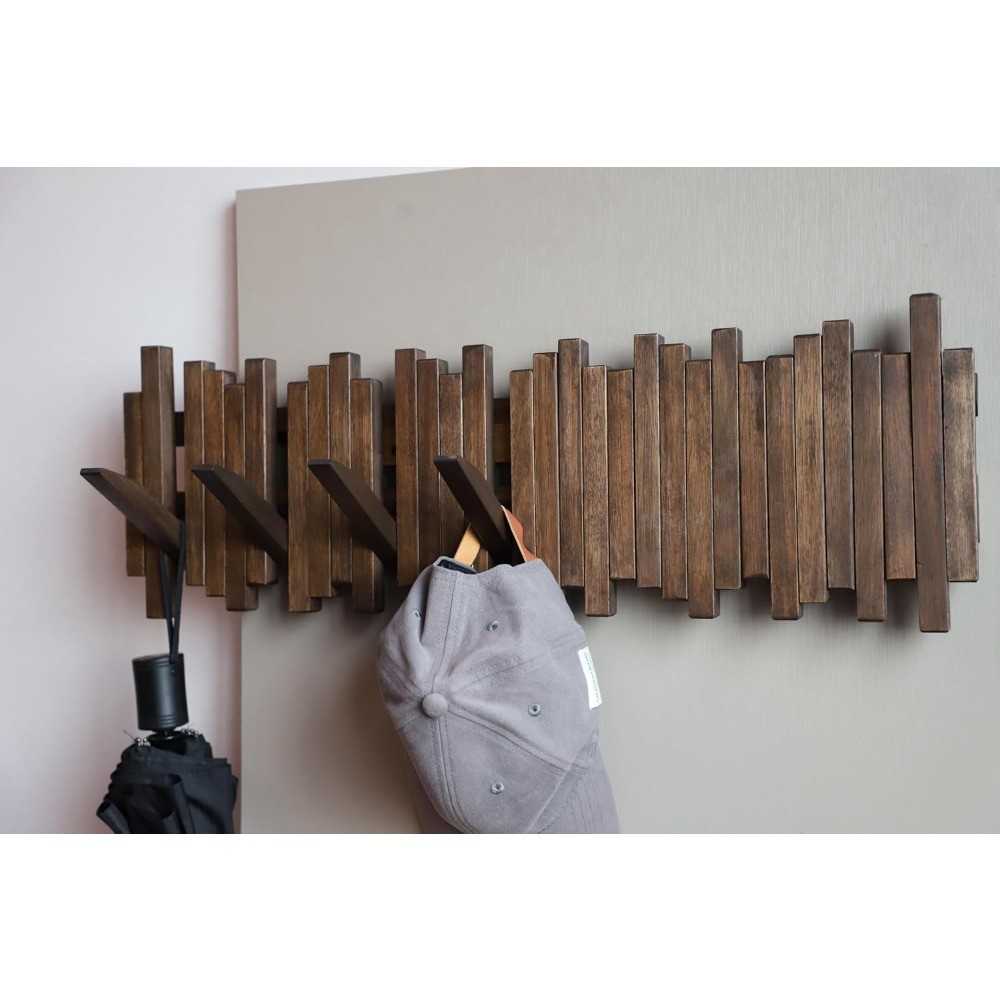 Wall-Mounted Acacia Wood Coat Rack, 7 Flip-Down Hooks, Walnut