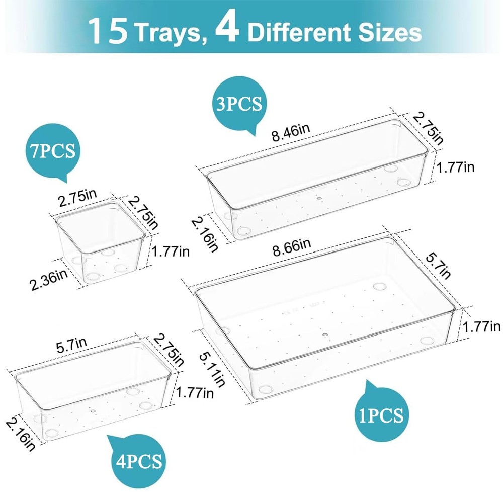 15 Pack Clear Plastic Drawer Organizer Set - 4 Sizes Makeup Vanity Organizer ...