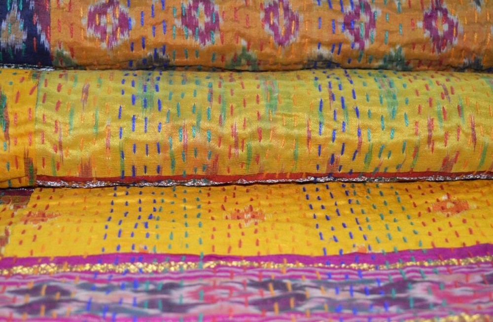 Indian Kantha Twin Quilt Handmade Patchwork Reversible Bedspread Blanket Throw