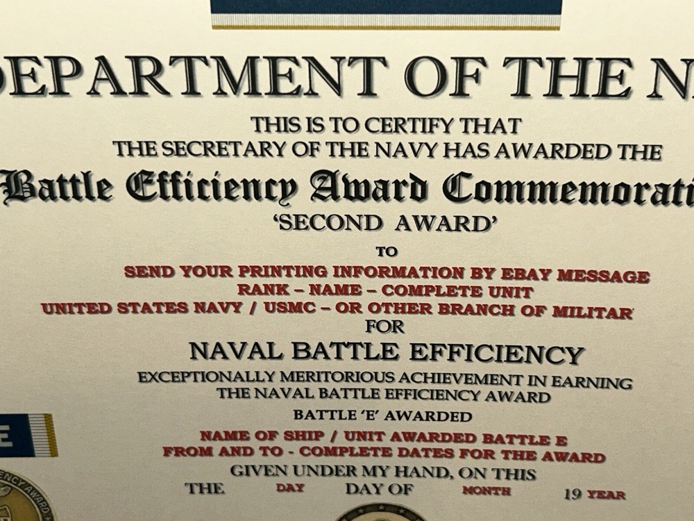 NAVY BATTLE E CITATION~2ND AWARD COMMEMORATIVE CERTIFICATE ~ TYPE-2 / W/PRINTING