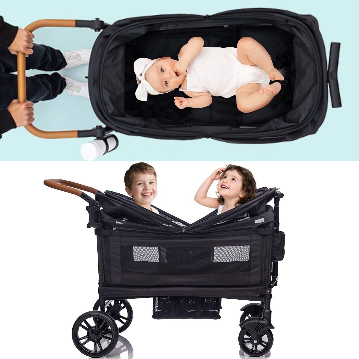 Wagon Stroller for 2 Kids with Adjustable Handle and Canopy,Kids Tray,Cup Holder