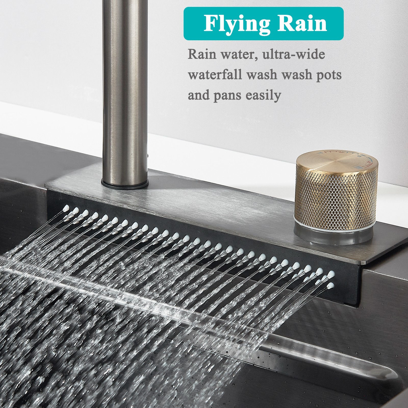 24" Flying Rain Stainless Steel Waterfall Kitchen Sink with Faucet Single Bowl