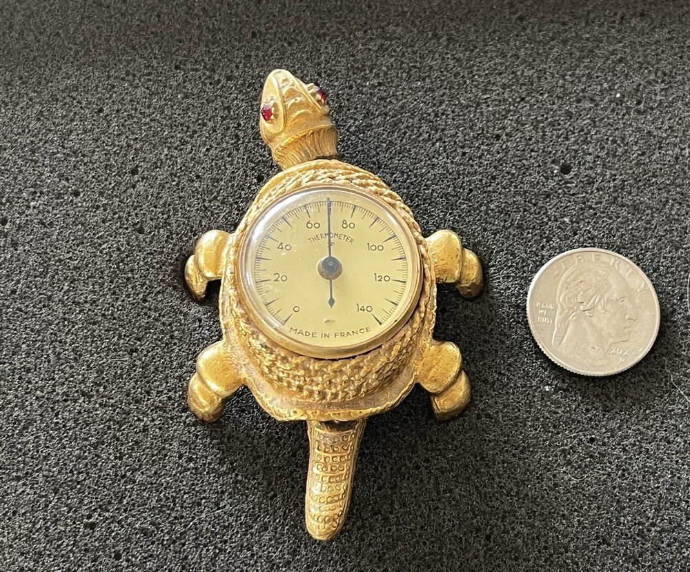 Vintage Moveable Florenza Brass Turtle With Red Ruby Eyes Thermometer Signed