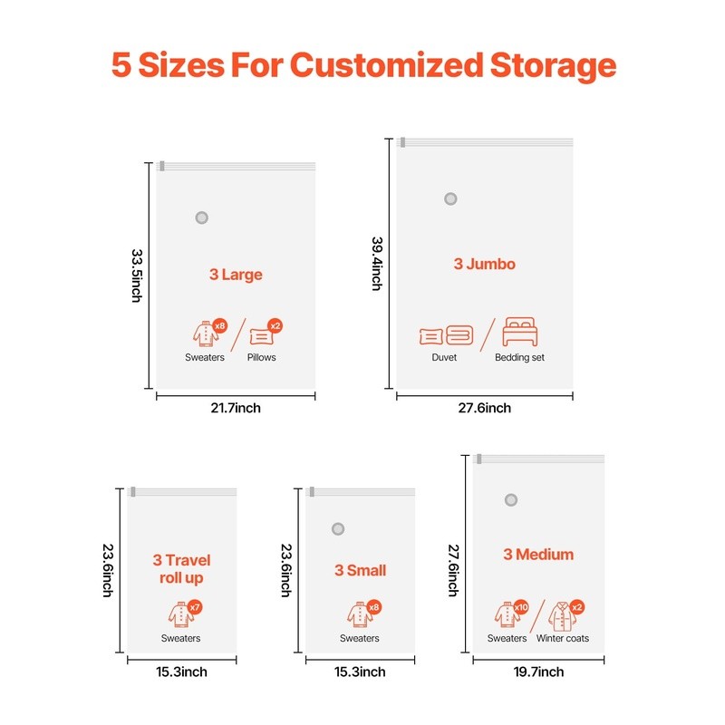Multi-Purpose Vacuum Storage Bags Set W/ Electric Pump Efficient Space Saving US