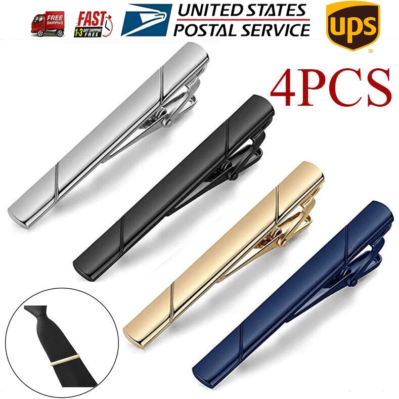 4PCS Mens Stainless Steel Tie Clip Necktie Bar Clasp Clamp Pin Gold Black Silver