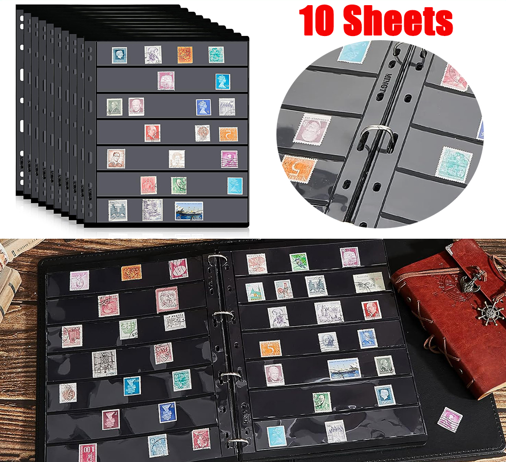 10PCS Black Stamp Stock Pages 7 Rows Double Side Archival Sheet US