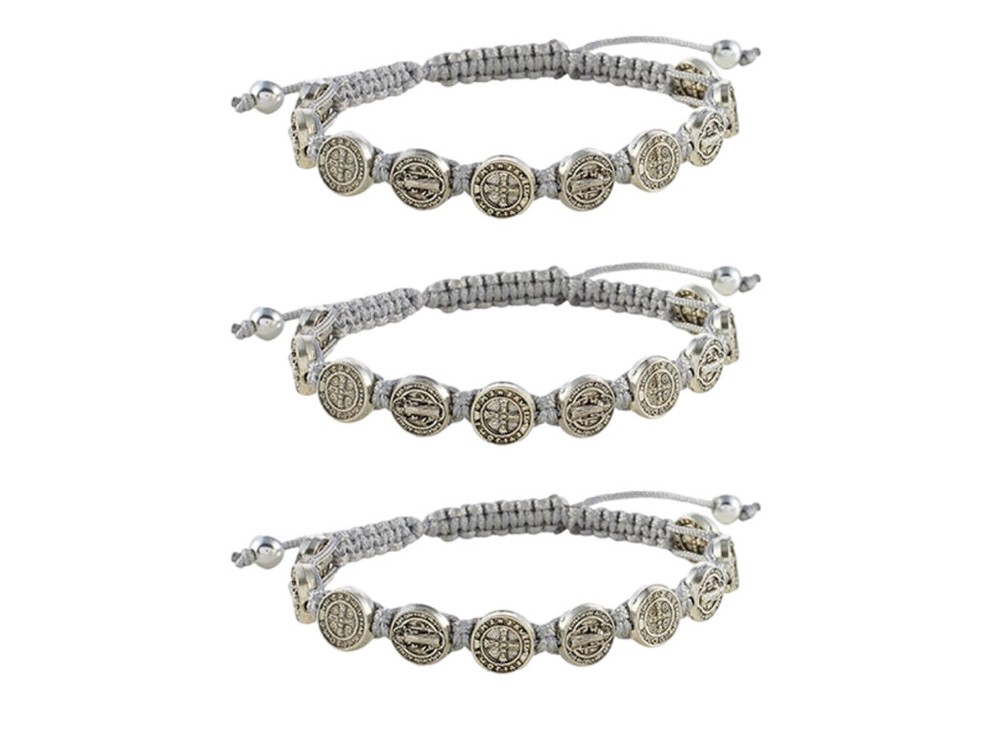 St Saint Benedict Grey Medal 8" Adjustable Cord Rosary Bracelet Pack of 3