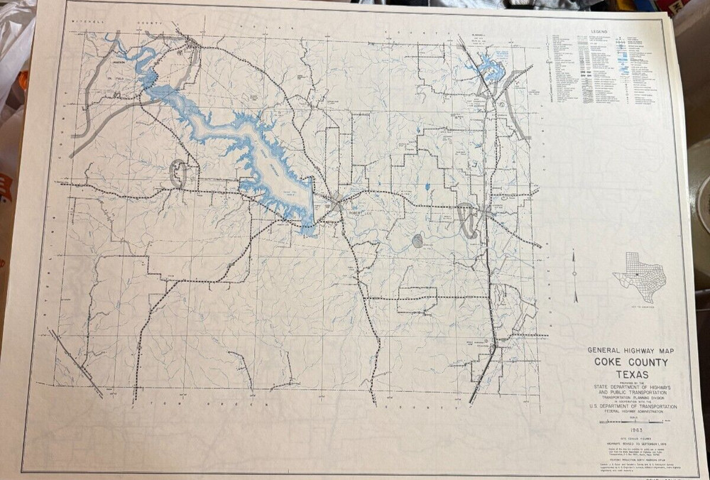 1963 Texas COKE County General Highway Map 18" x 25" Folded USDOT Robert Lee