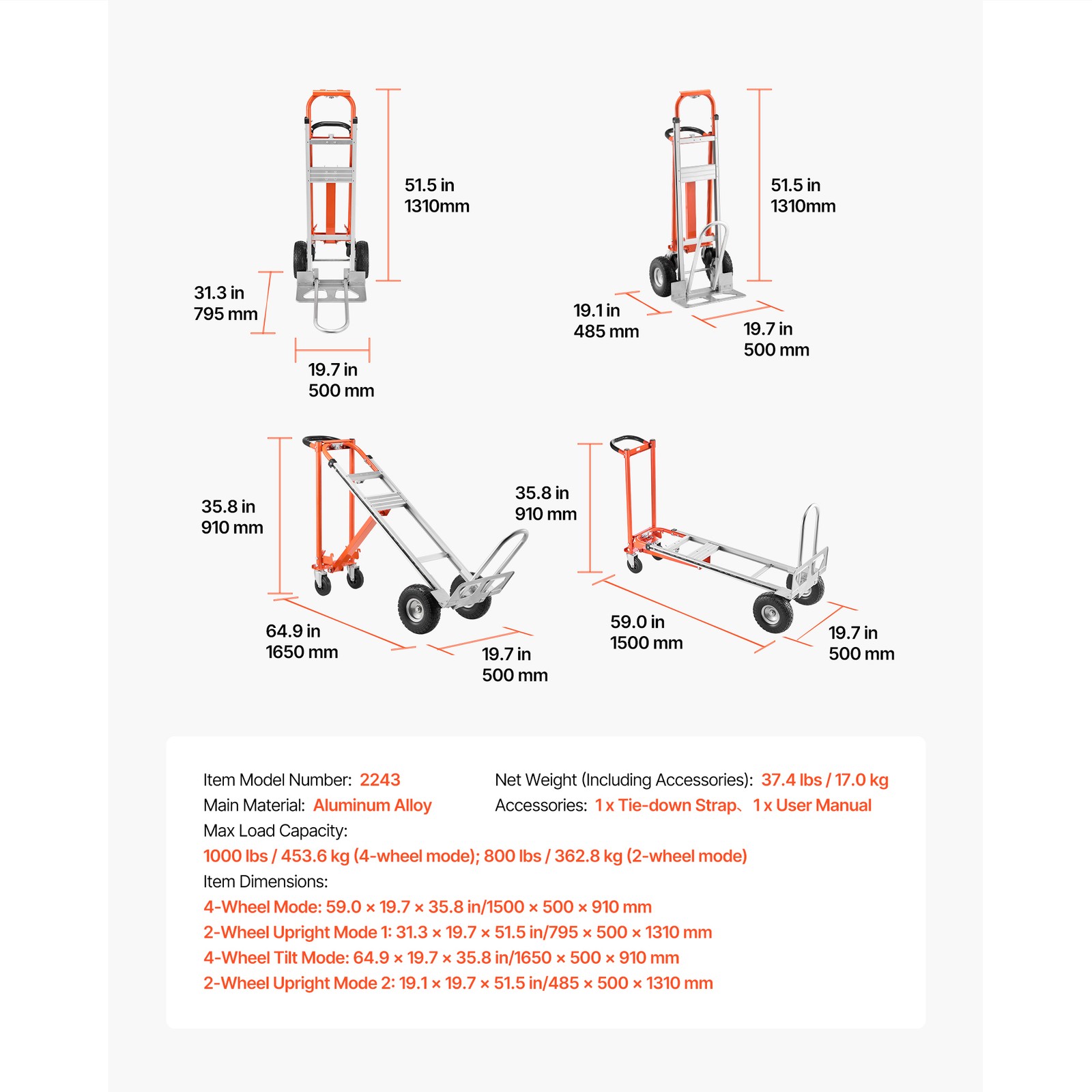 Uimoso 4-in-1 Aluminum Hand Truck, 1000 lbs Capacity, Convertible Dolly
