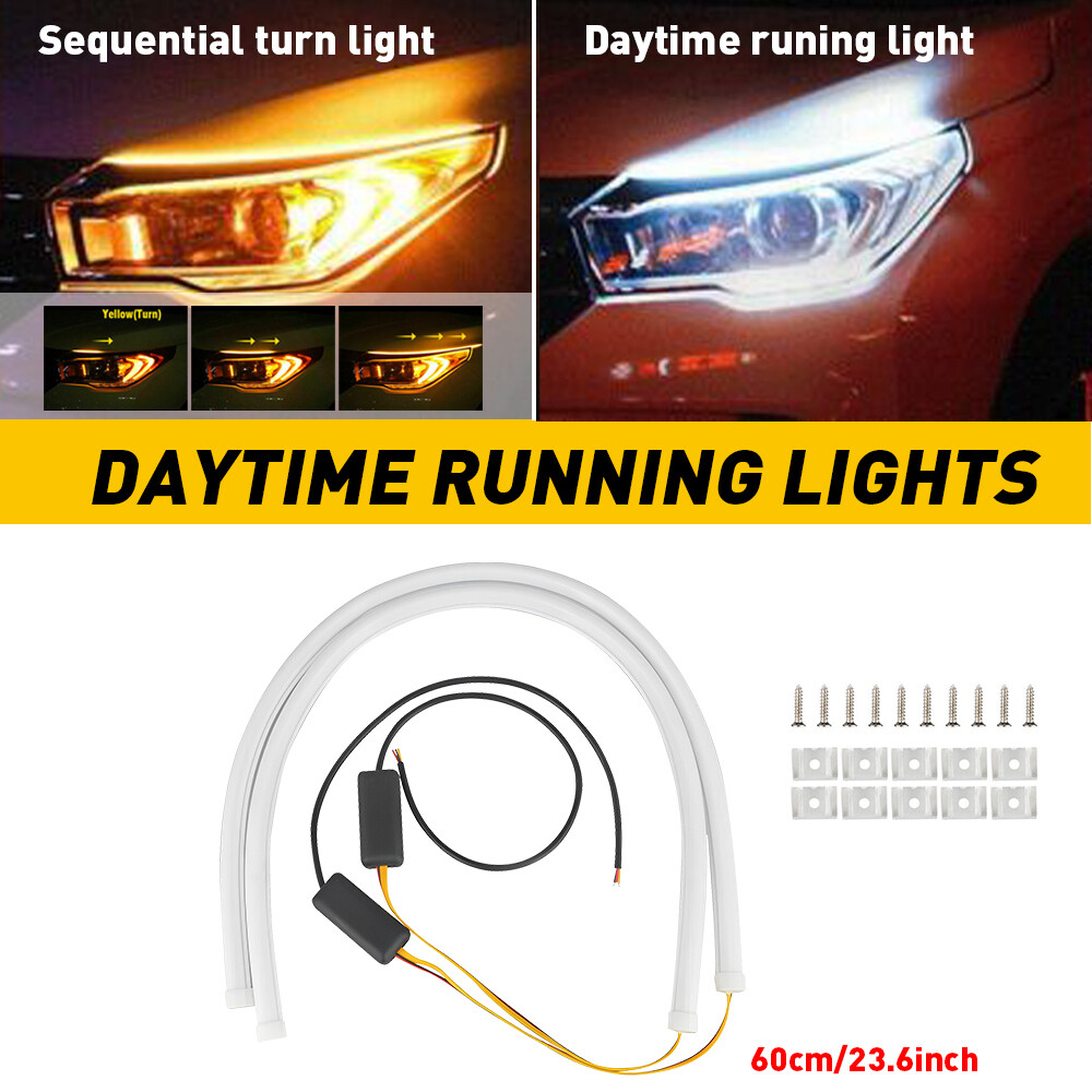2 PCS White Amber 60cm LED Strip Daytime Runnning DRL Light Headlight Sequential