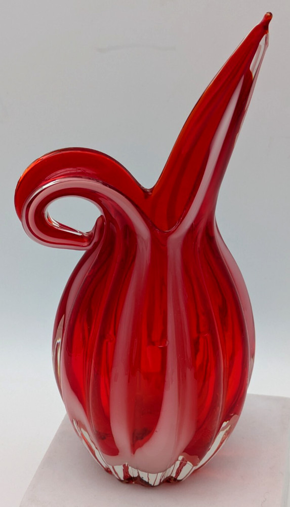 Hand Blown Art Glass Red & White Striped Pitcher