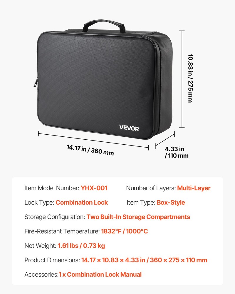 VEVOR Fireproof Document Box 1832 ℉ Fireproof Multi-Layer File Box with Lock