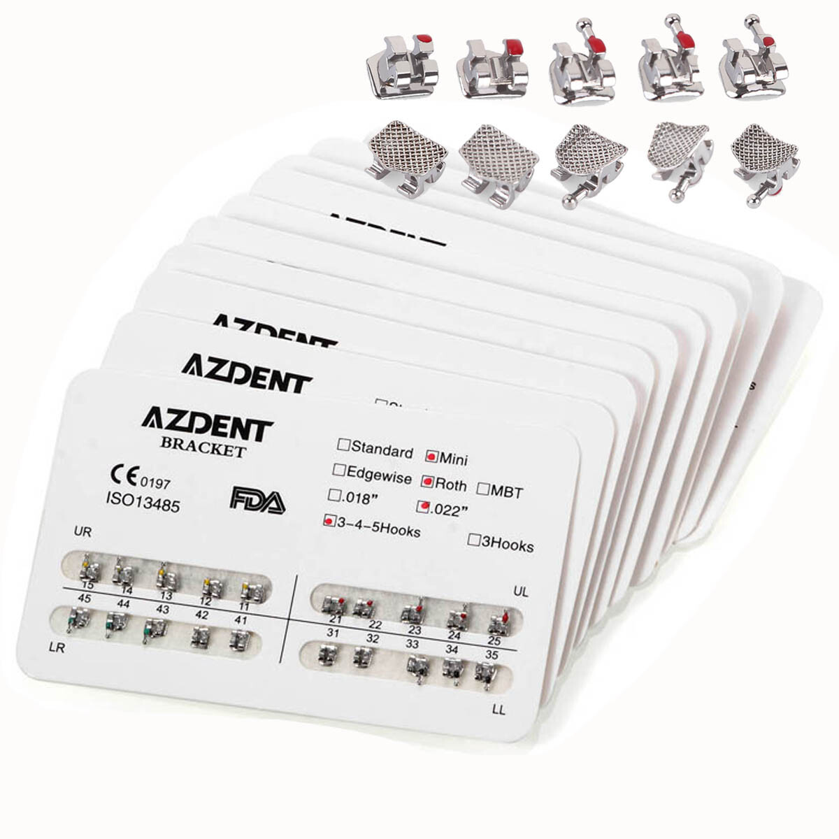 AZDENT Dental Orthodontic Brackets Mini Roth/MBT 022 Hooks 345/10Size Arch Wires
