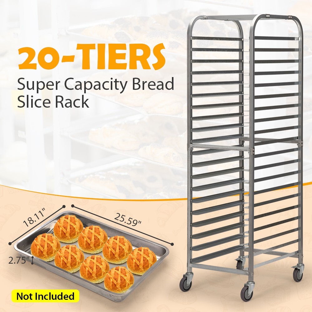 20-Tier Bun Rack Pan Bakery Galvanized Iron Pan Rack with 4 Wheels for Catering