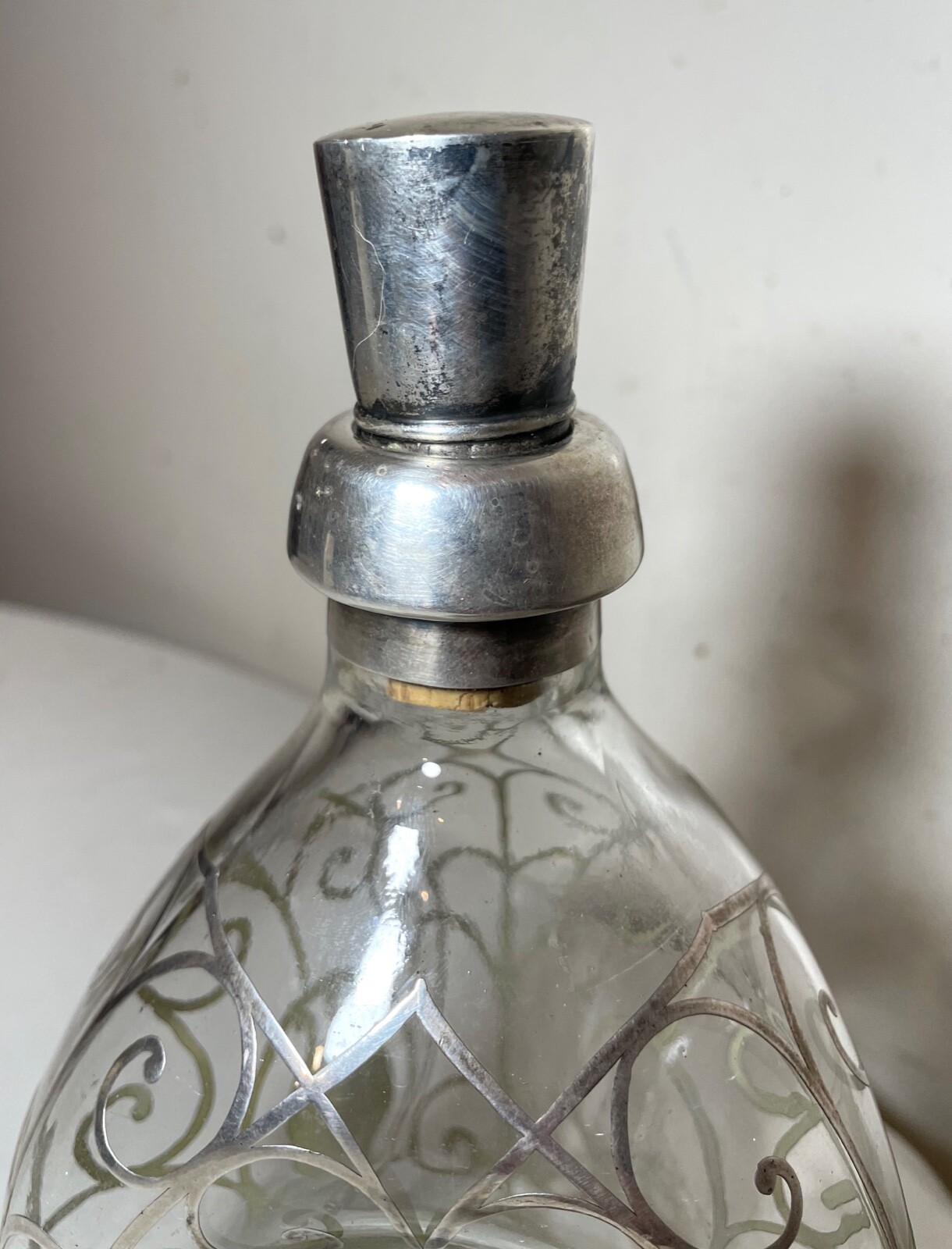 antique ornate sterling silver overlay glass liquor claret decanter bottle jar