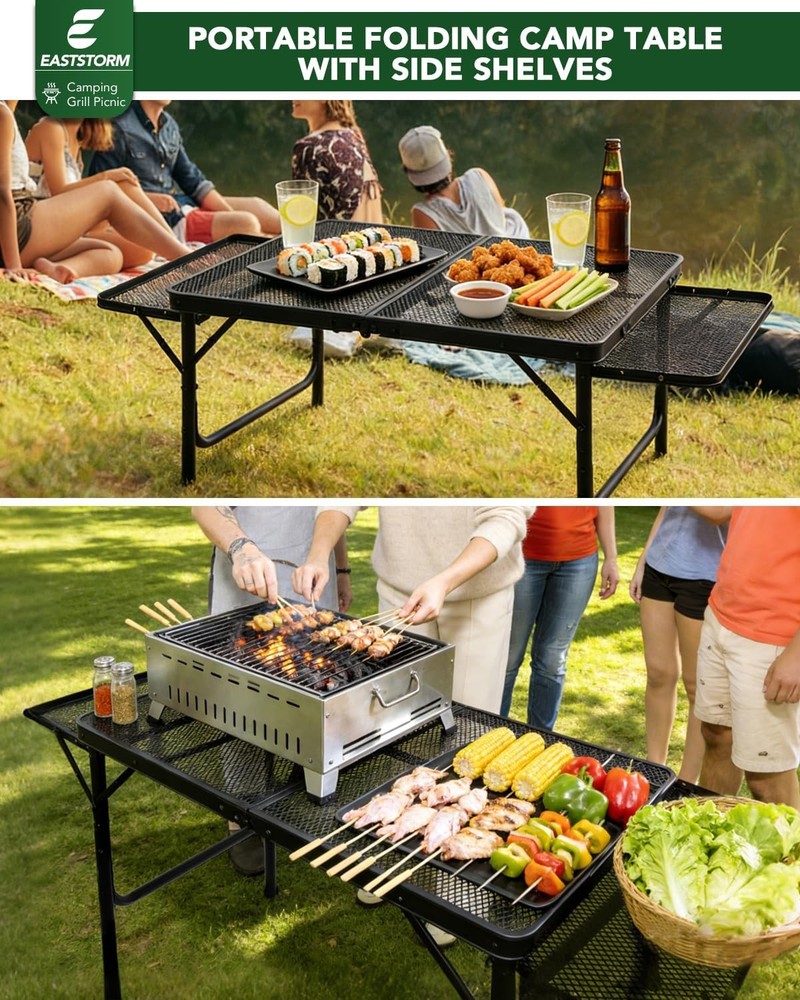 3ft Folding Camping Table W/Wing Panels Adjustable Height Metal Grill Prep Table