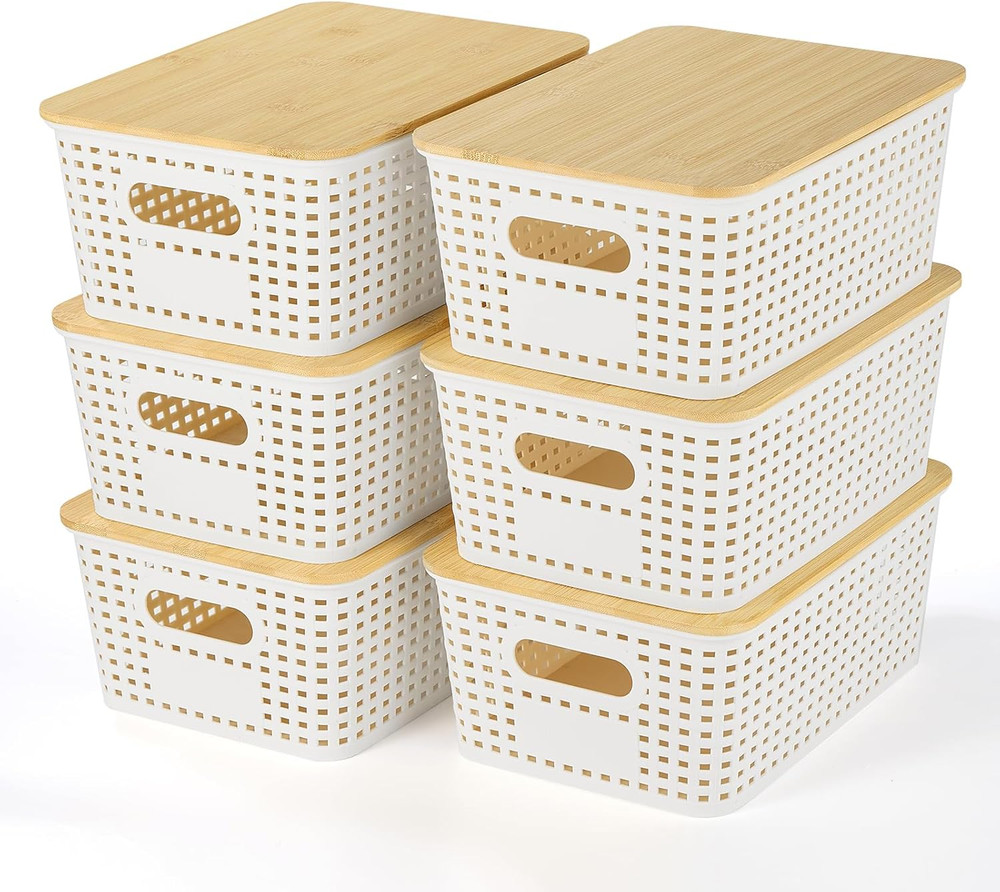 Plastic Storage Baskets with Bamboo Lid - Plastic Storage Containers Stackable S