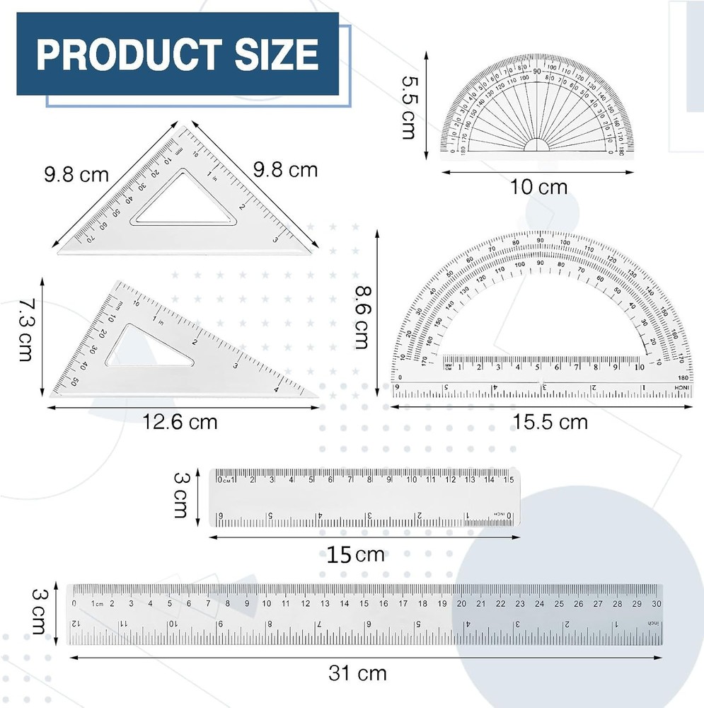 Tenare 1 Set Plastic Clear Math Set Includes Protractor Triangle Rulers 12 Inch