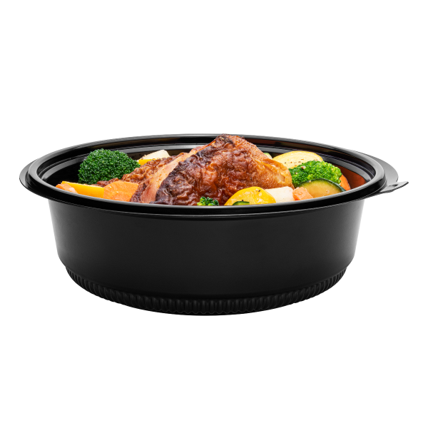 Karat 48 oz. PP Round Microwaveable Container, Black - 150ct, FP-RC48B