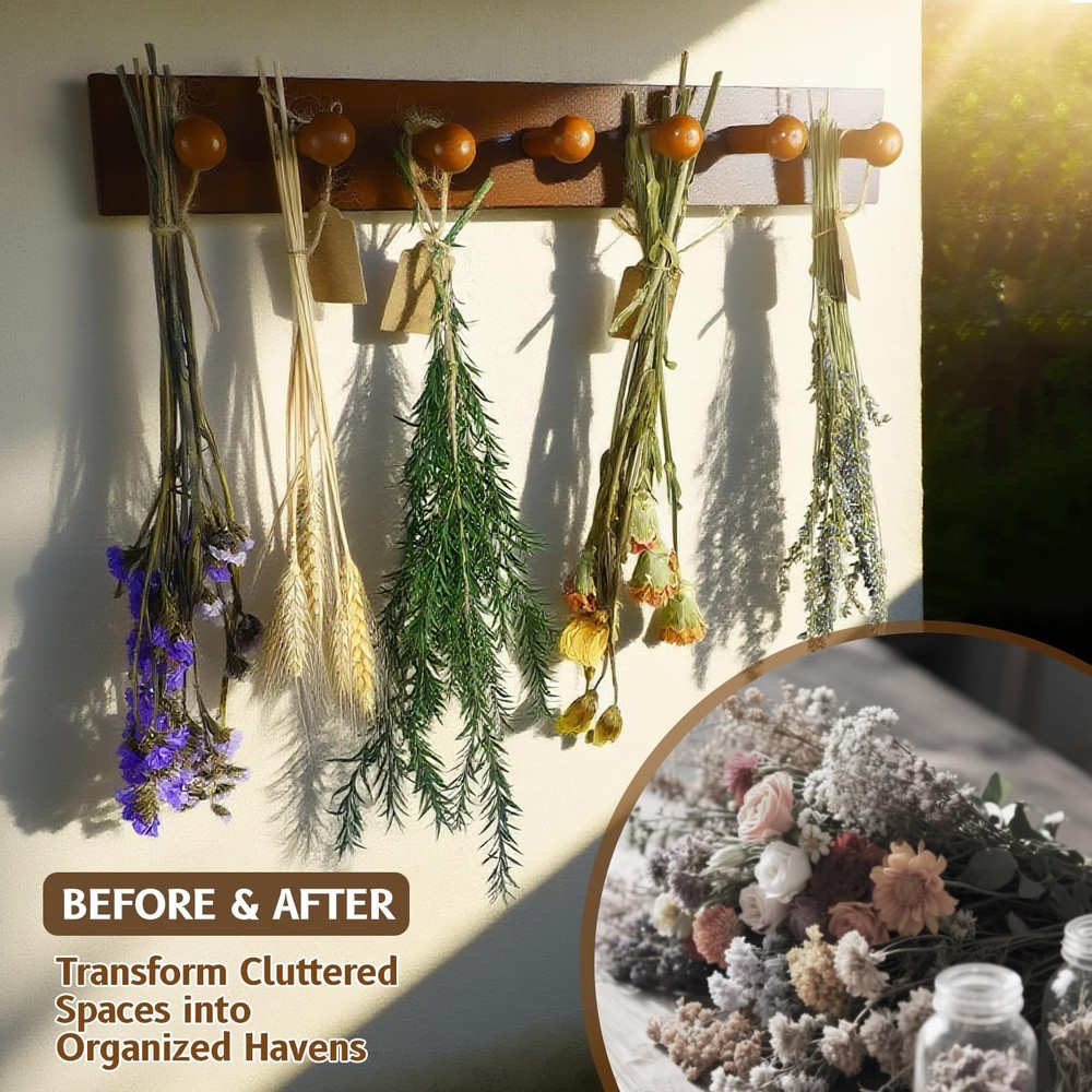 Rustic Hanging Herb Drying Rack–Space-Saving Design Holds 7 Bouquets,Fits Win...