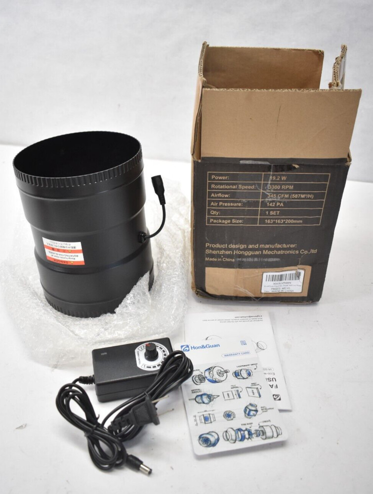 Hon & Guan Inline Duct Fan 6" Fan w Variable Speed Controller 469 CFM Black