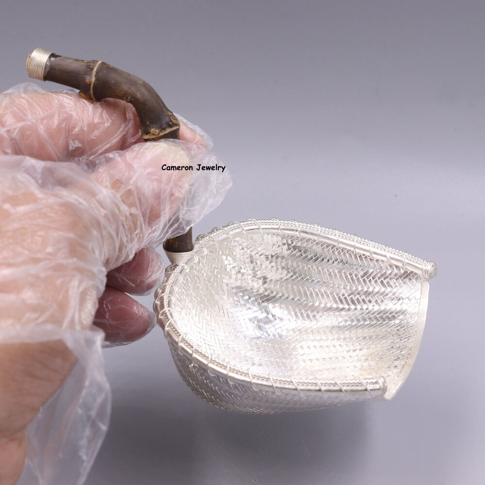 Solid S999 Fine Silver Tea Infuser Bamboo Handle Braided Tea Strainer 3.8in