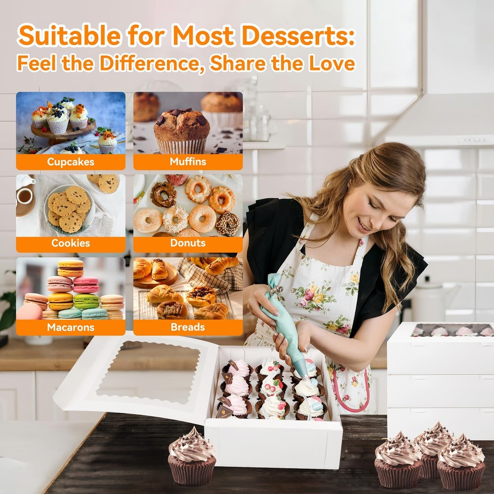 20-Set Cupcake Boxes Bulk with Clear Display Window Hold 12 Standard Cupcakes...